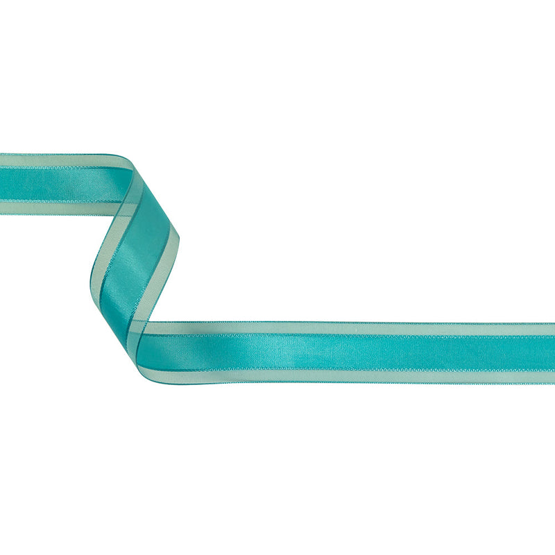 Turquoise Woven Ribbon with Sheer Organza Borders - 1"