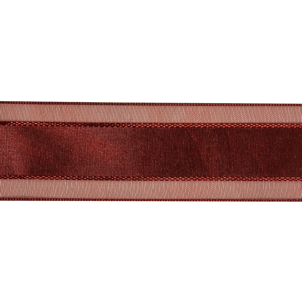 Wine Woven Ribbon with Sheer Organza Borders - 1"