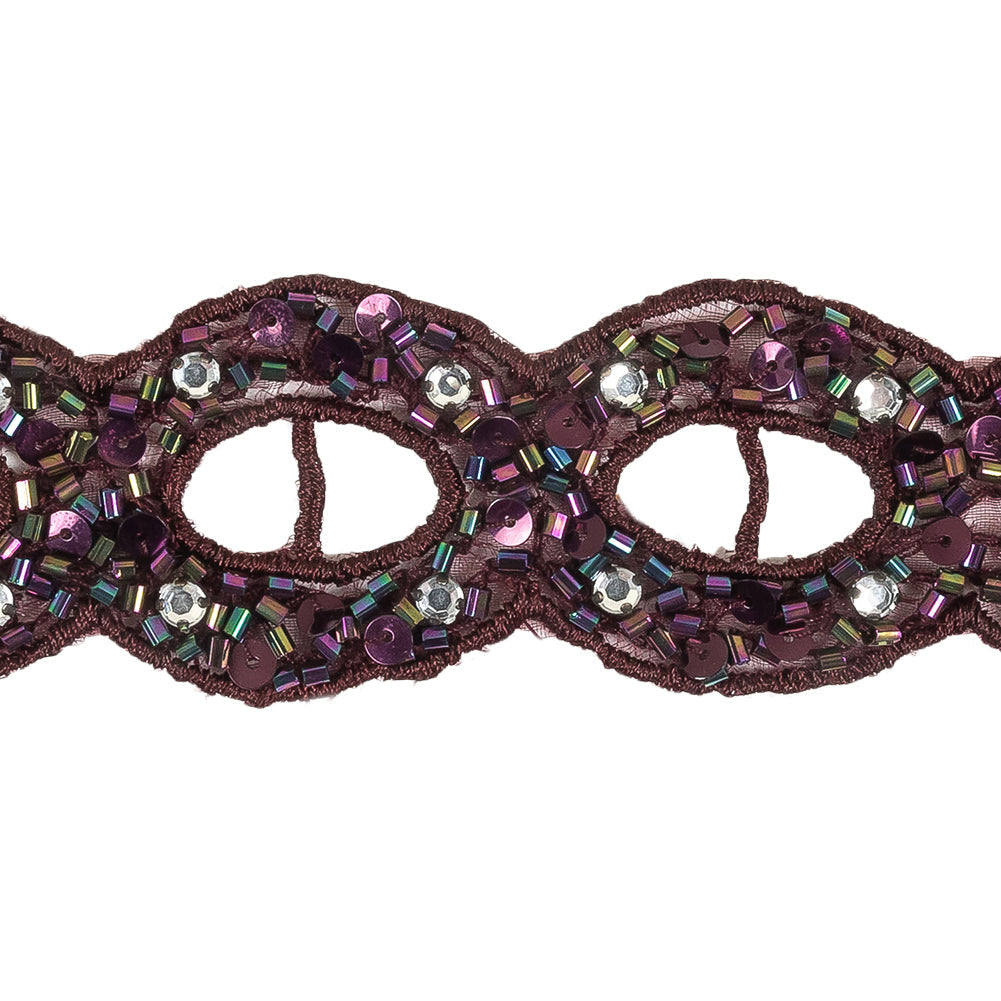 Blackberry Wine and Iridescent Rhinestones, Beads and Sequins Circles Embroidered Mesh Trim - 1.5"