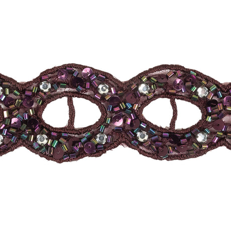 Blackberry Wine and Iridescent Rhinestones, Beads and Sequins Circles Embroidered Mesh Trim - 1.5"