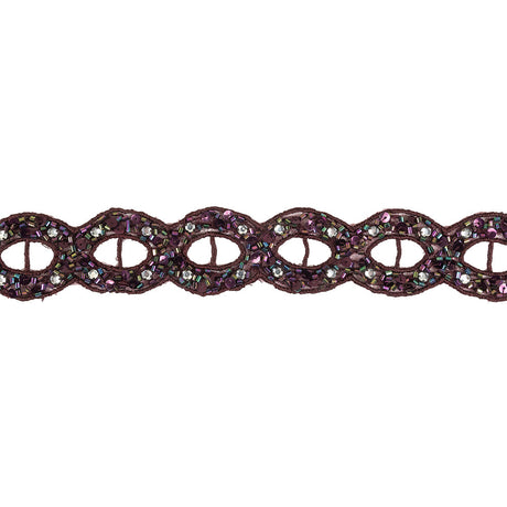 Blackberry Wine and Iridescent Rhinestones, Beads and Sequins Circles Embroidered Mesh Trim - 1.5"