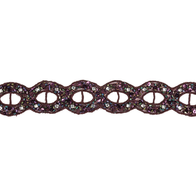 Blackberry Wine and Iridescent Rhinestones, Beads and Sequins Circles Embroidered Mesh Trim - 1.5"