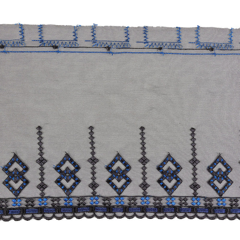 Black and Estate Blue Diamonds Embroidered Mesh Lace Trim with Finished Scalloped Edge and Ribbon Insertion - 8"
