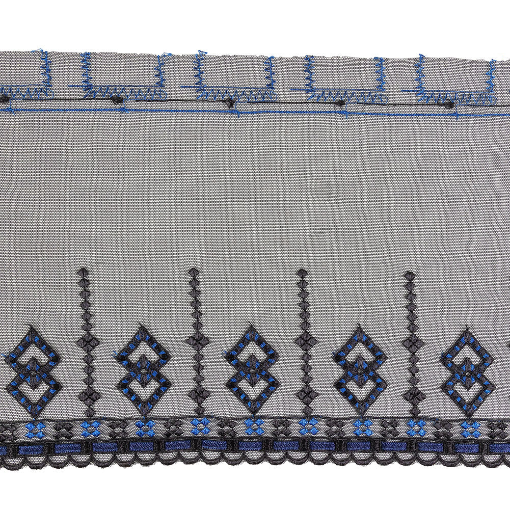 Black and Estate Blue Diamonds Embroidered Mesh Lace Trim with Finished Scalloped Edge and Ribbon Insertion - 8"