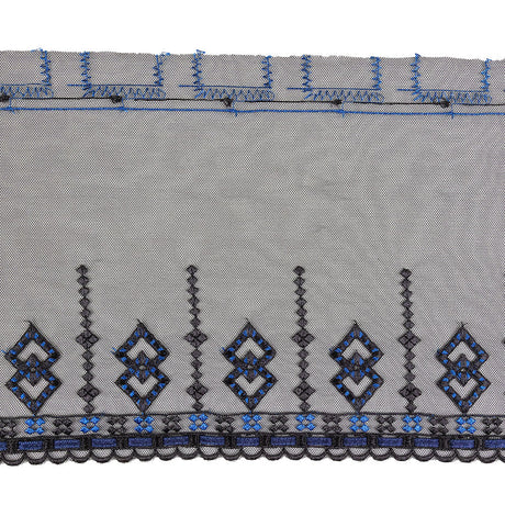 Black and Estate Blue Diamonds Embroidered Mesh Lace Trim with Finished Scalloped Edge and Ribbon Insertion - 8"