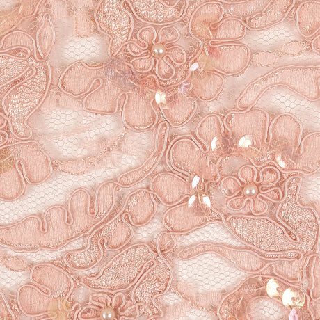Pink Flowers and Leaves Beaded, Sequined and Corded Lace Trim - 5"