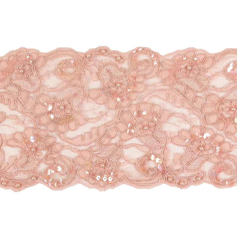 Pink Flowers and Leaves Beaded, Sequined and Corded Lace Trim - 5"