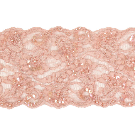 Pink Flowers and Leaves Beaded, Sequined and Corded Lace Trim - 5"