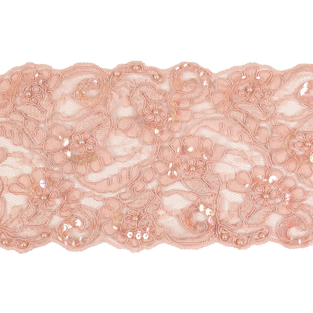 Pink Flowers and Leaves Beaded, Sequined and Corded Lace Trim - 5"