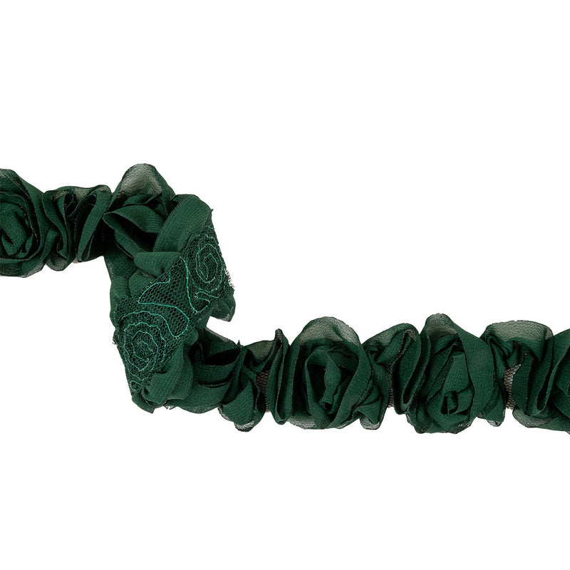 Deep Green Chiffon Roses on Mesh Trim - 2"