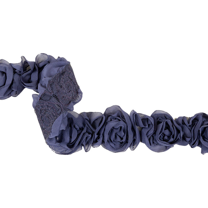 Dusk Blue Chiffon Roses on Mesh Trim - 2"