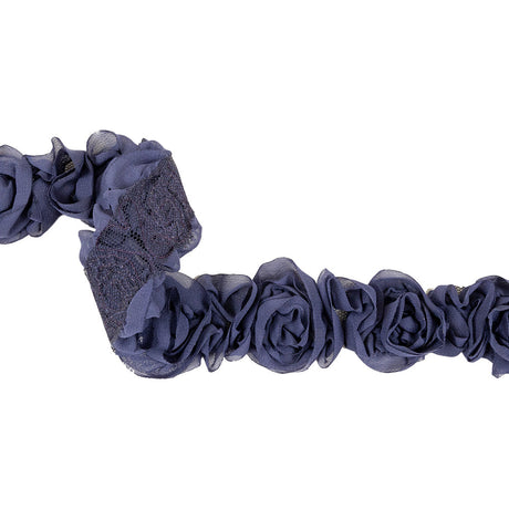 Dusk Blue Chiffon Roses on Mesh Trim - 2"