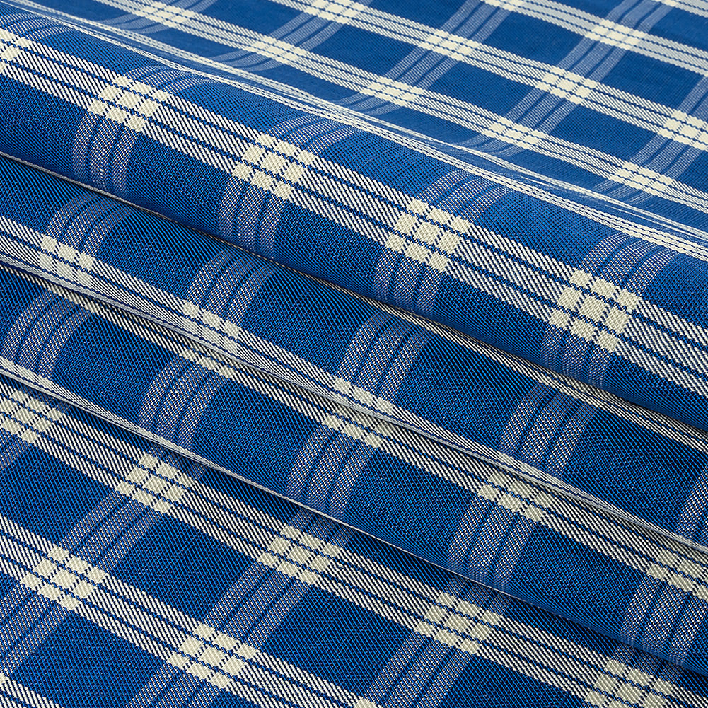 Famous Designer Italian Blue and White Plaid Viscose and Linen Woven
