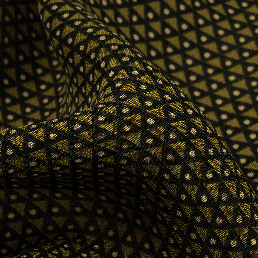 Olive, Navy and Cream Triangles and Dots Polyester Georgette