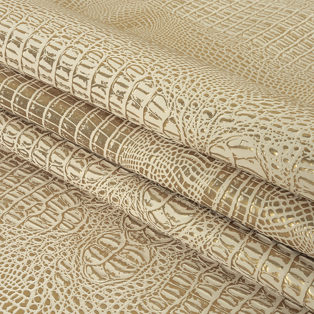 Metallic Crocodile Embossed Vinyl - Star White and Gold - Twain Collection