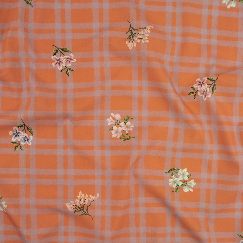 Cotton Poplin Print - Orange and Lilac Plaid and Floral - Mood Exclusive Park Date