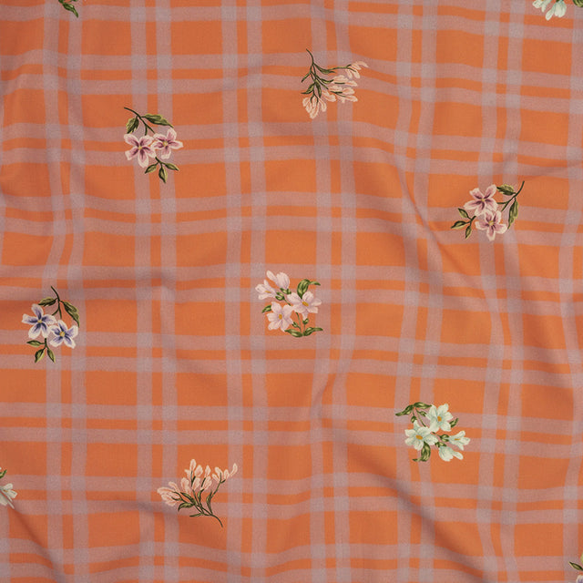 Cotton Poplin Print - Orange and Lilac Plaid and Floral - Mood Exclusive Park Date