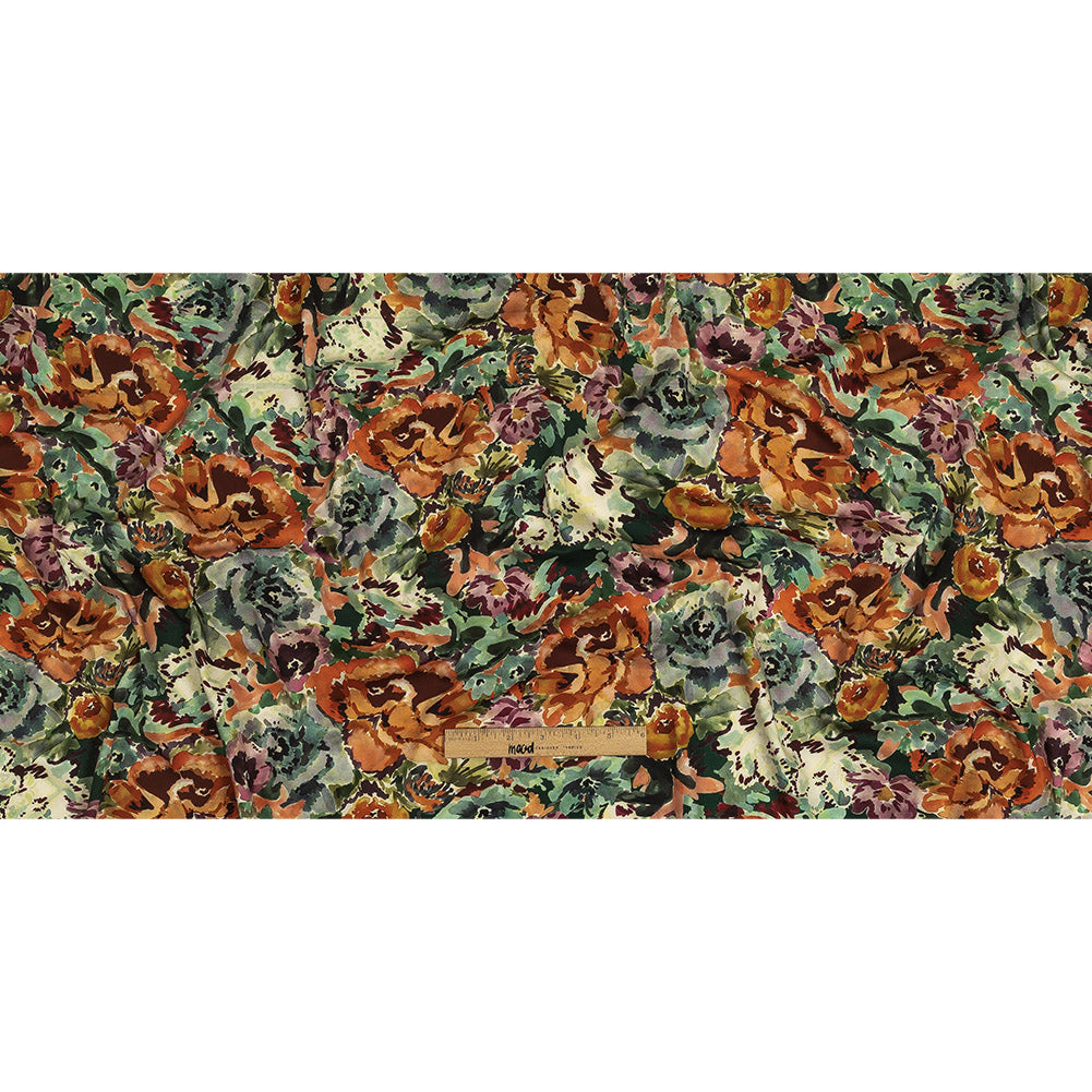 Stretch Cotton and Viscose Sateen Print - Green, Orange and Purple Painterly Floral - Mood Exclusive Cluttered Canvas