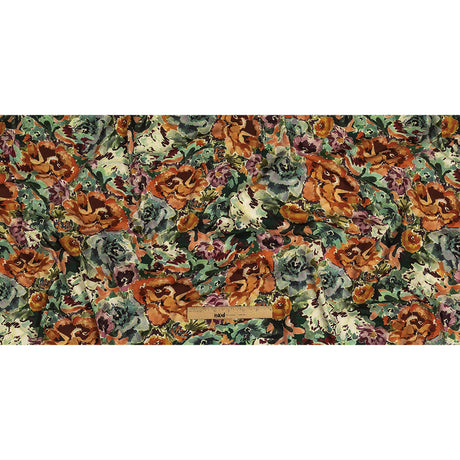 Stretch Cotton and Viscose Sateen Print - Green, Orange and Purple Painterly Floral - Mood Exclusive Cluttered Canvas