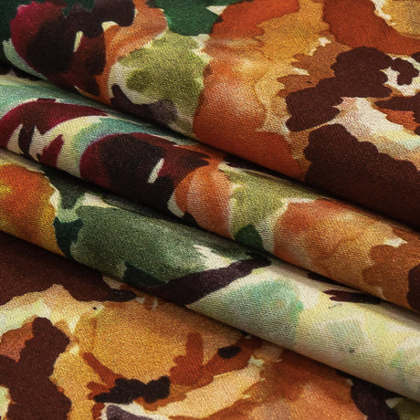 Stretch Cotton and Viscose Sateen Print - Green, Orange and Purple Painterly Floral - Mood Exclusive Cluttered Canvas