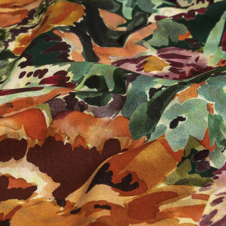 Stretch Cotton and Viscose Sateen Print - Green, Orange and Purple Painterly Floral - Mood Exclusive Cluttered Canvas