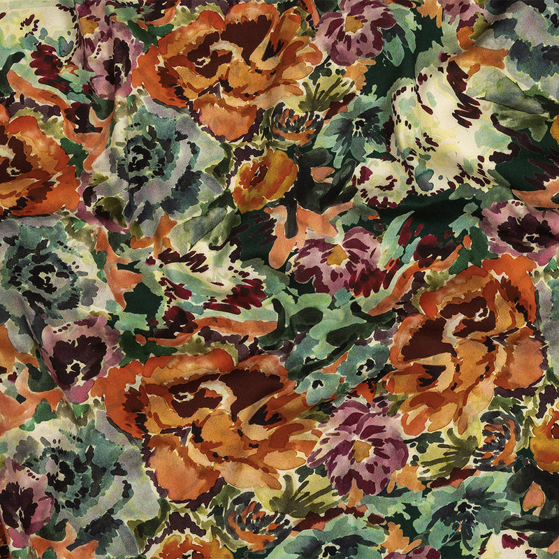 Stretch Cotton and Viscose Sateen Print - Green, Orange and Purple Painterly Floral - Mood Exclusive Cluttered Canvas