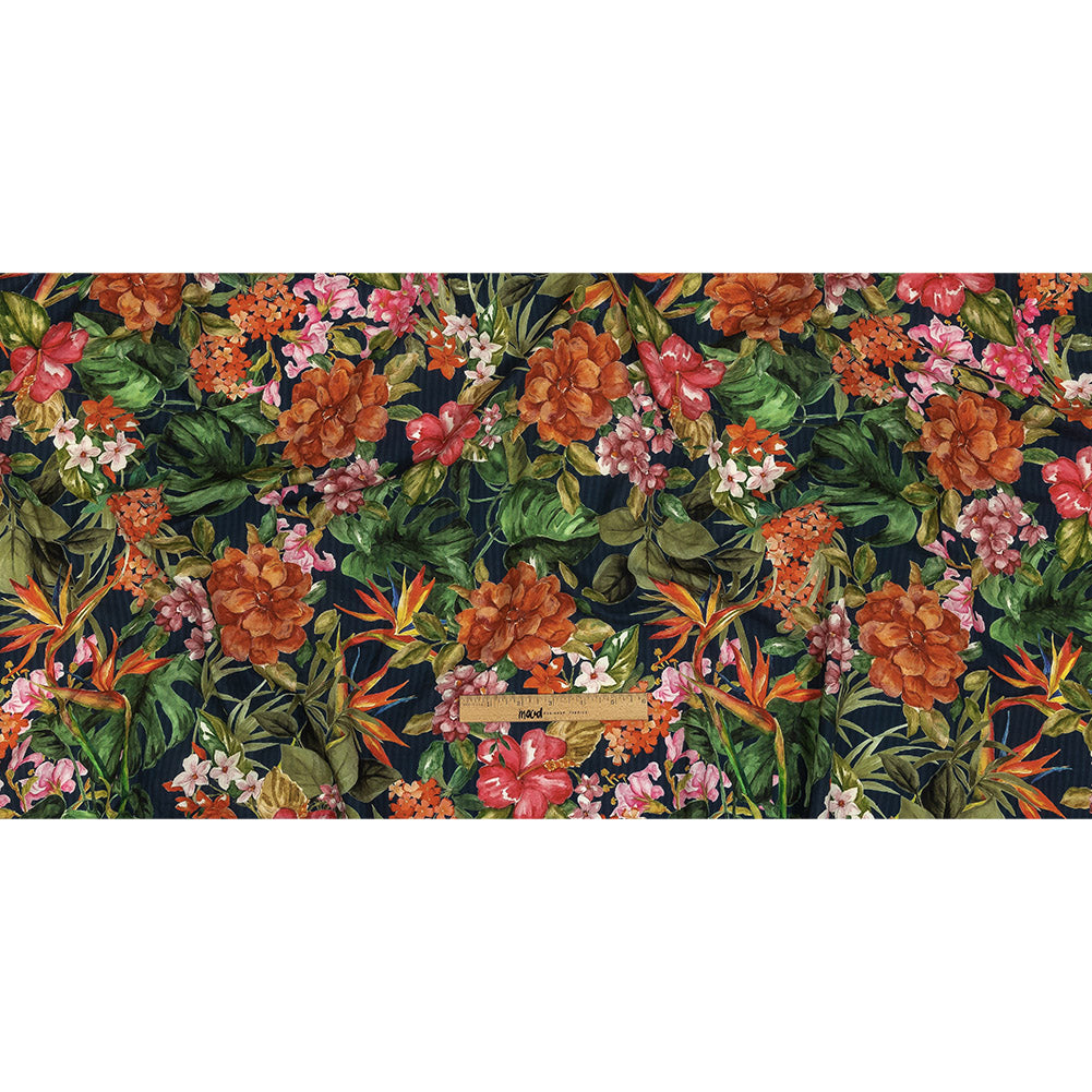 Cotton and Viscose Striped Seersucker Print - Navy, Red and Green Floral - Mood Exclusive Crusoe's Cabana