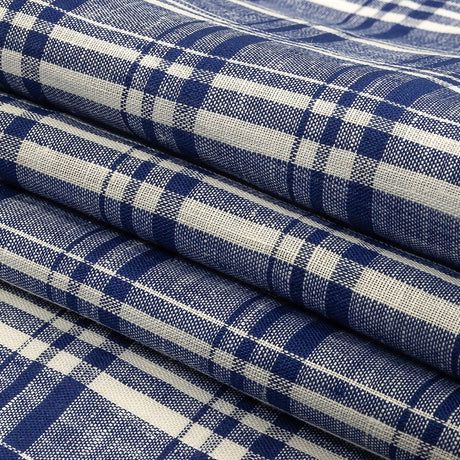 Navy Peony and White Plaid Medium Weight Linen Woven