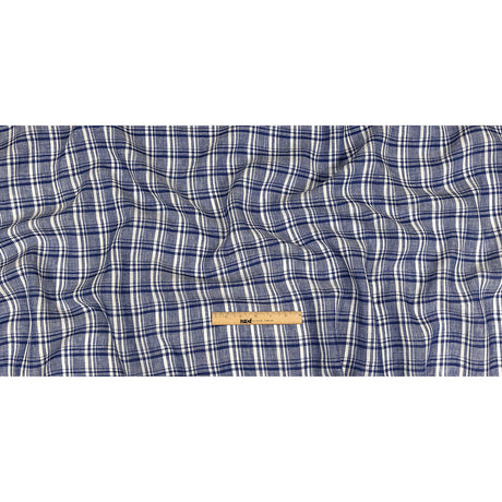 Navy Peony and White Plaid Medium Weight Linen Woven