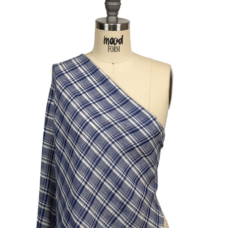 Navy Peony and White Plaid Medium Weight Linen Woven