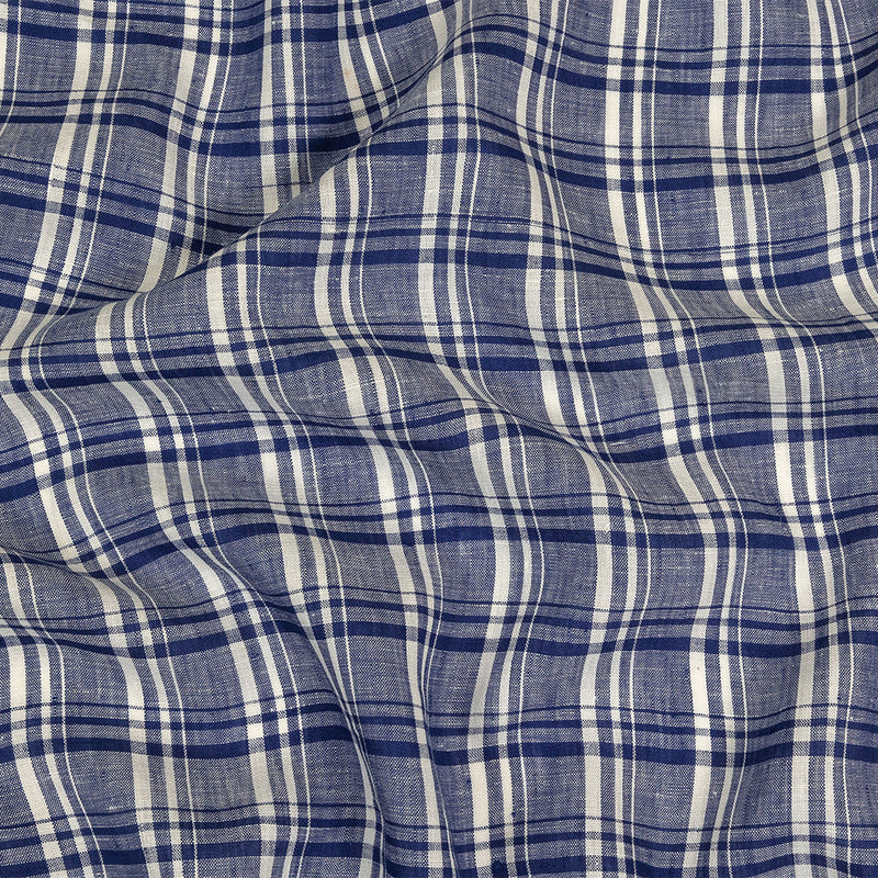 Navy Peony and White Plaid Medium Weight Linen Woven