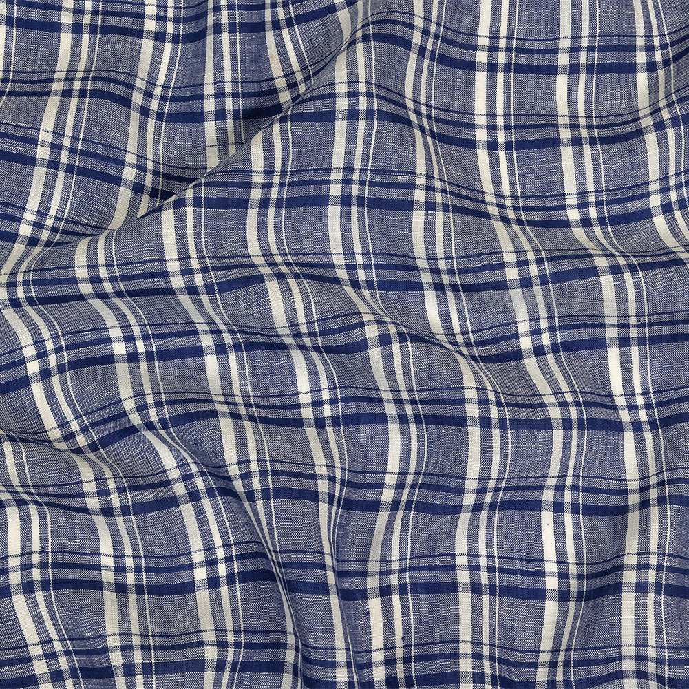 Navy Peony and White Plaid Medium Weight Linen Woven