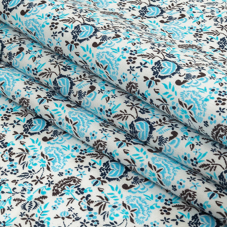 Turquoise, Blue Indigo and Umber Floral Cotton Sateen