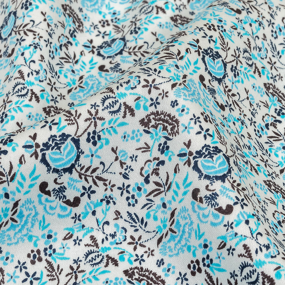 Turquoise, Blue Indigo and Umber Floral Cotton Sateen