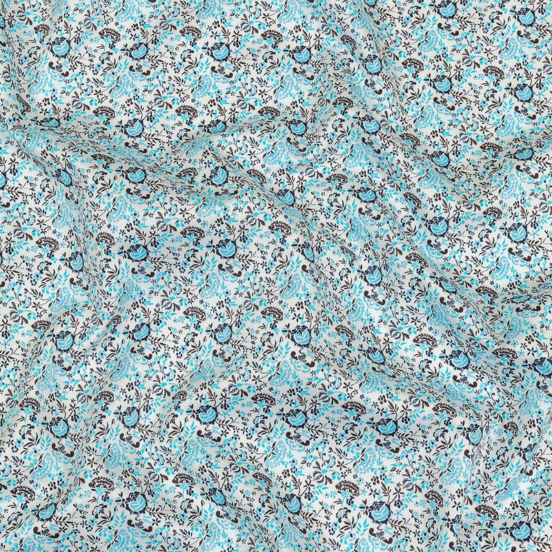 Turquoise, Blue Indigo and Umber Floral Cotton Sateen