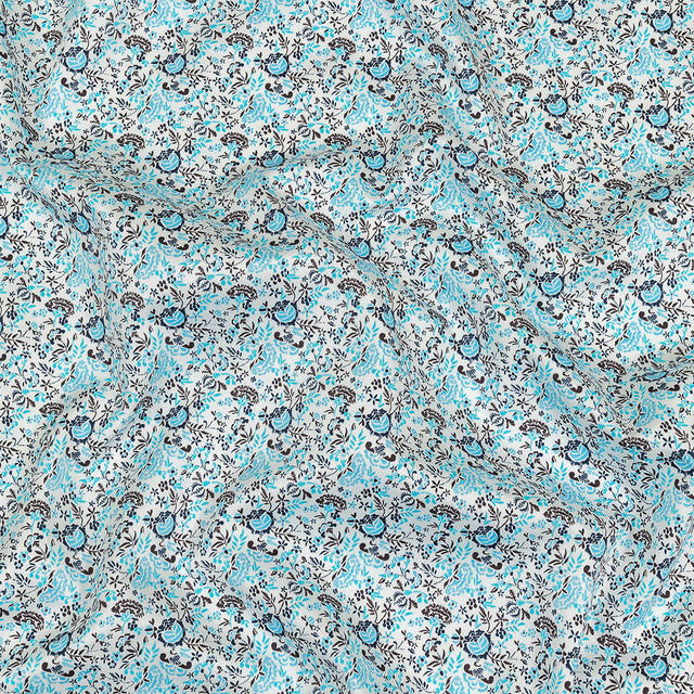 Turquoise, Blue Indigo and Umber Floral Cotton Sateen