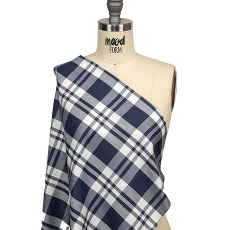 Navy and White Plaid Cotton Shirting