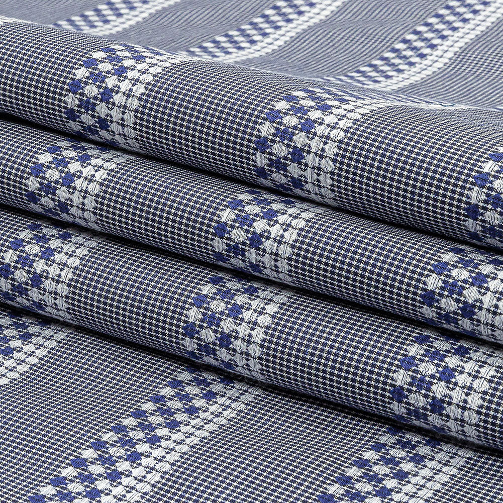 Blue and White Diamond Stripes and Checks Cotton Jacquard