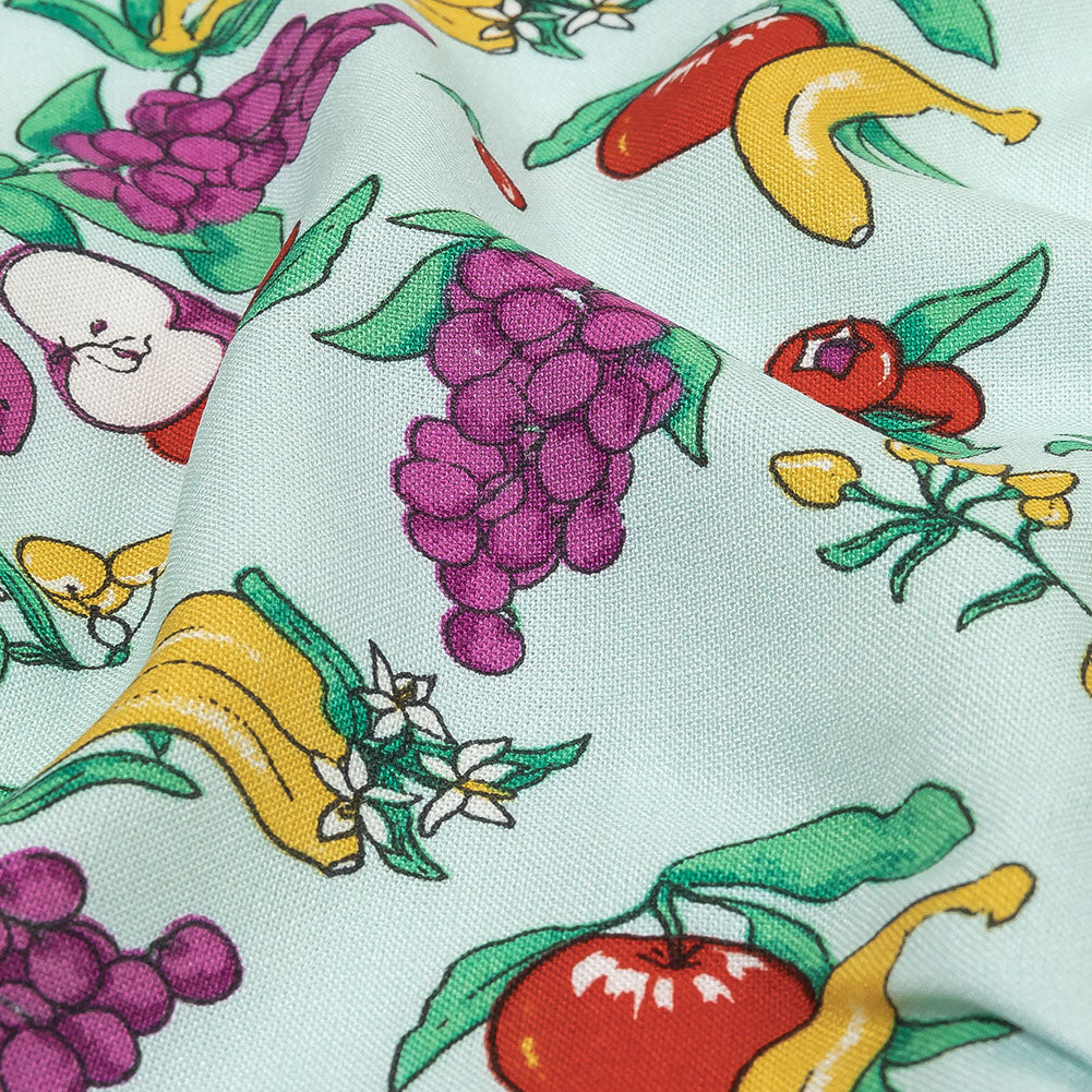 Pale Blue, Green and Yellow Fruit Viscose Batiste