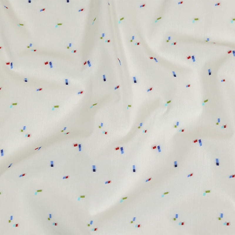 White, Blue and Lime Tossed Rectangles Cotton Jacquard Shirting