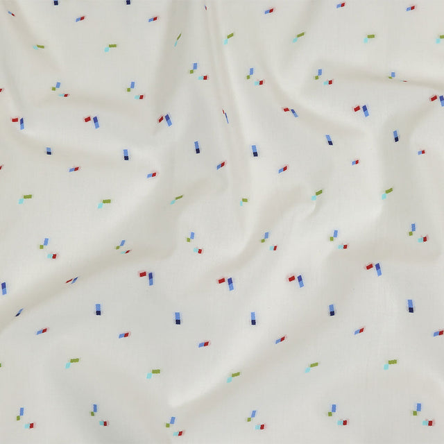 White, Blue and Lime Tossed Rectangles Cotton Jacquard Shirting