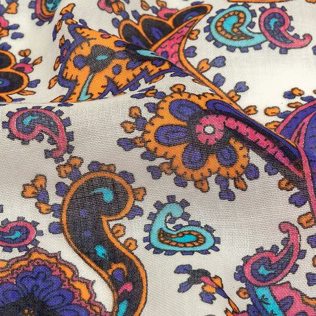 Gauzy Cotton Voile - White, Orange Pepper and Turquoise Paisley - Deadstock