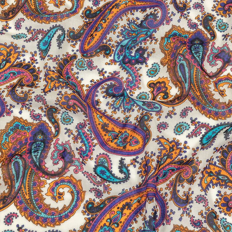 Gauzy Cotton Voile - White, Orange Pepper and Turquoise Paisley - Deadstock