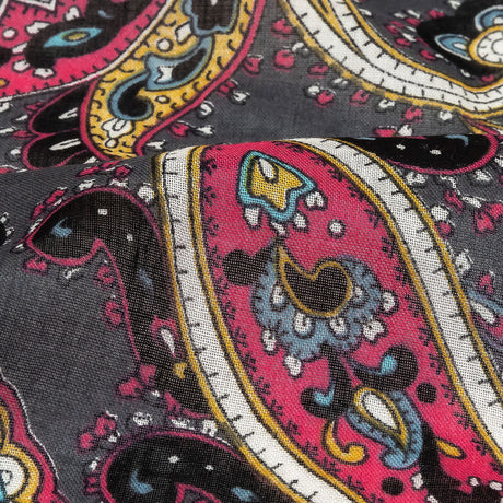 Gauzy Cotton Voile - Charcoal, Hot Pink and Gold Paisley - Deadstock