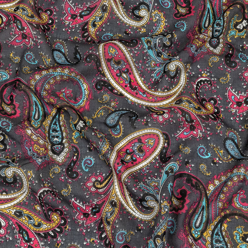 Gauzy Cotton Voile - Charcoal, Hot Pink and Gold Paisley - Deadstock