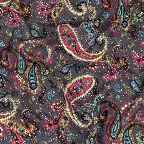 Gauzy Cotton Voile - Charcoal, Hot Pink and Gold Paisley - Deadstock