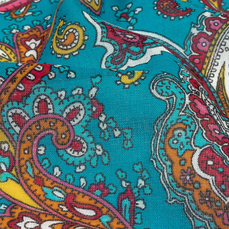 Gauzy Cotton Voile - Turquoise, Pink and White Paisley - Deadstock