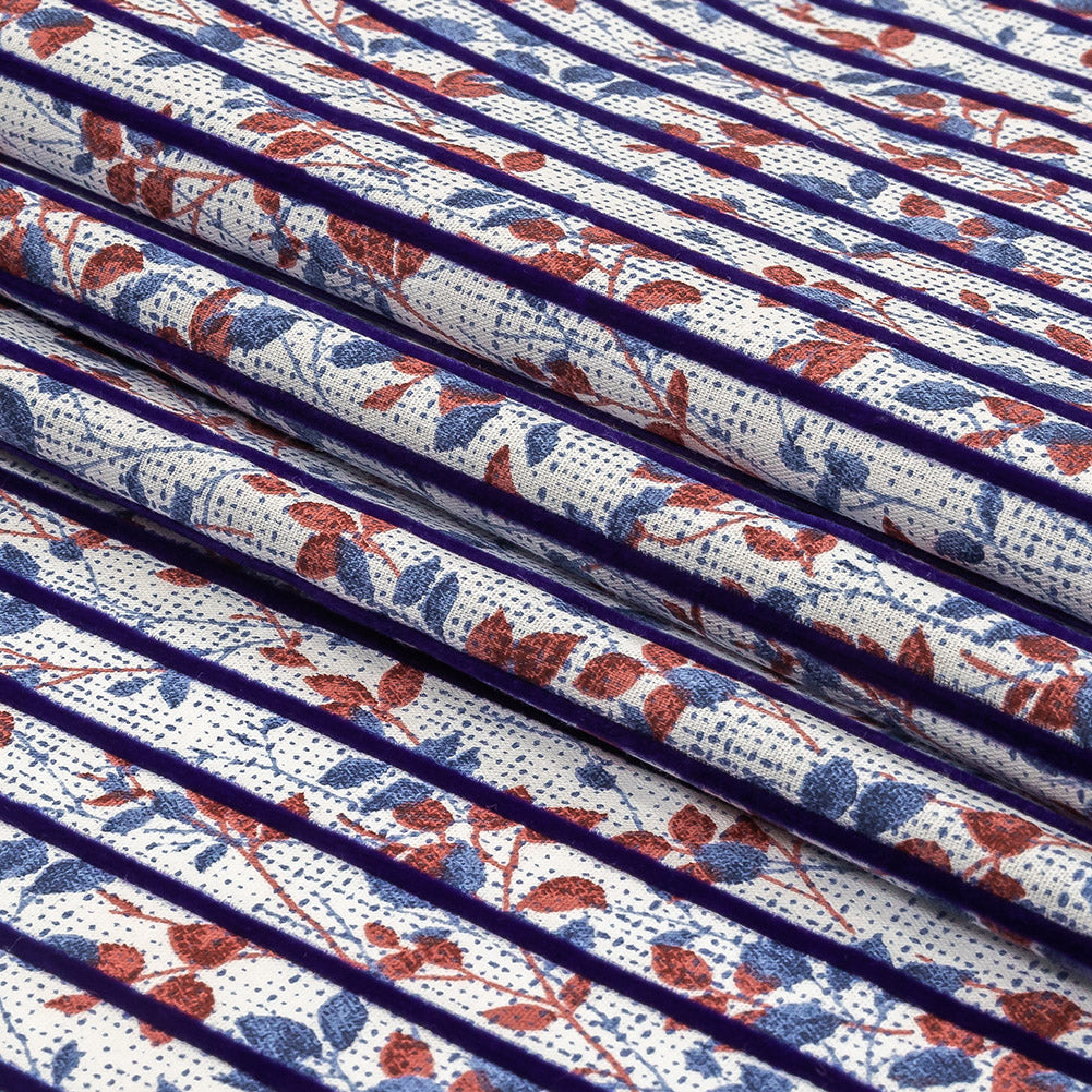Navy Flocked Stripes on Red, Blue and White Leafy Cotton Shirting with Give