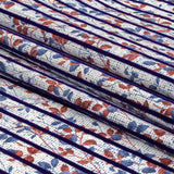 Navy Flocked Stripes on Red, Blue and White Leafy Cotton Shirting with Give