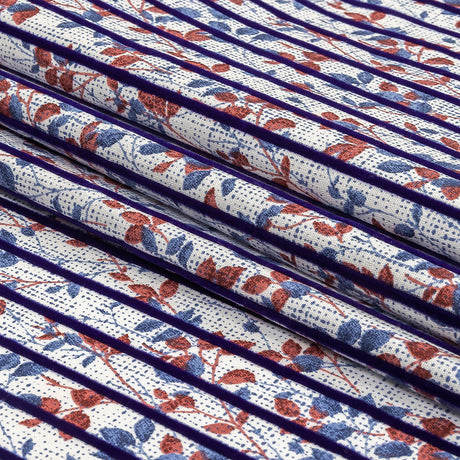 Navy Flocked Stripes on Red, Blue and White Leafy Cotton Shirting with Give
